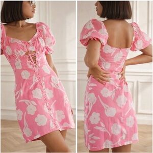 Sabo Skirt Argo Pink Floral Lace-Up Mini Dress Puff Sleeve Cotton Boho
